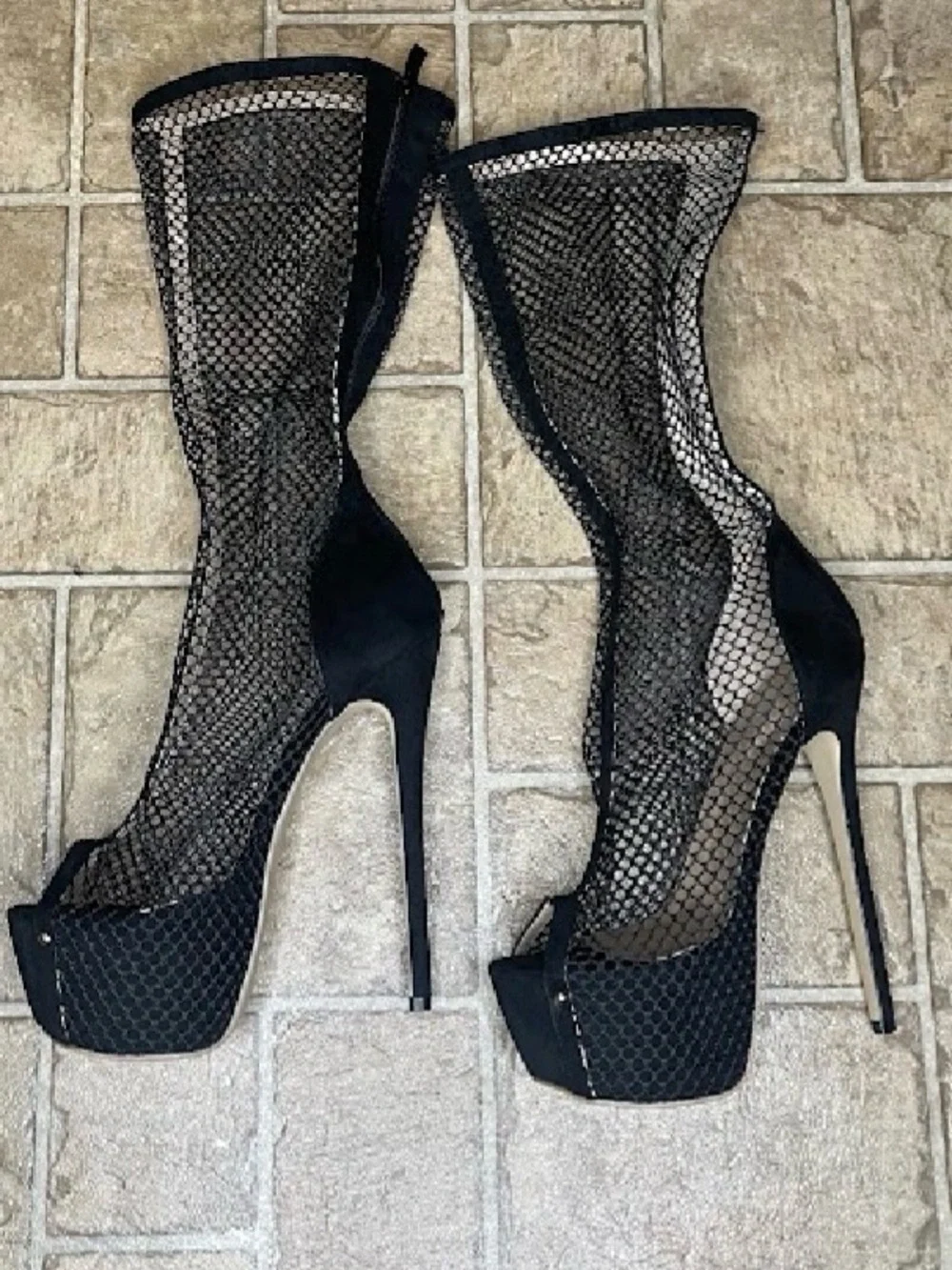 Black Mesh Peep-Toe Stiletto Boots